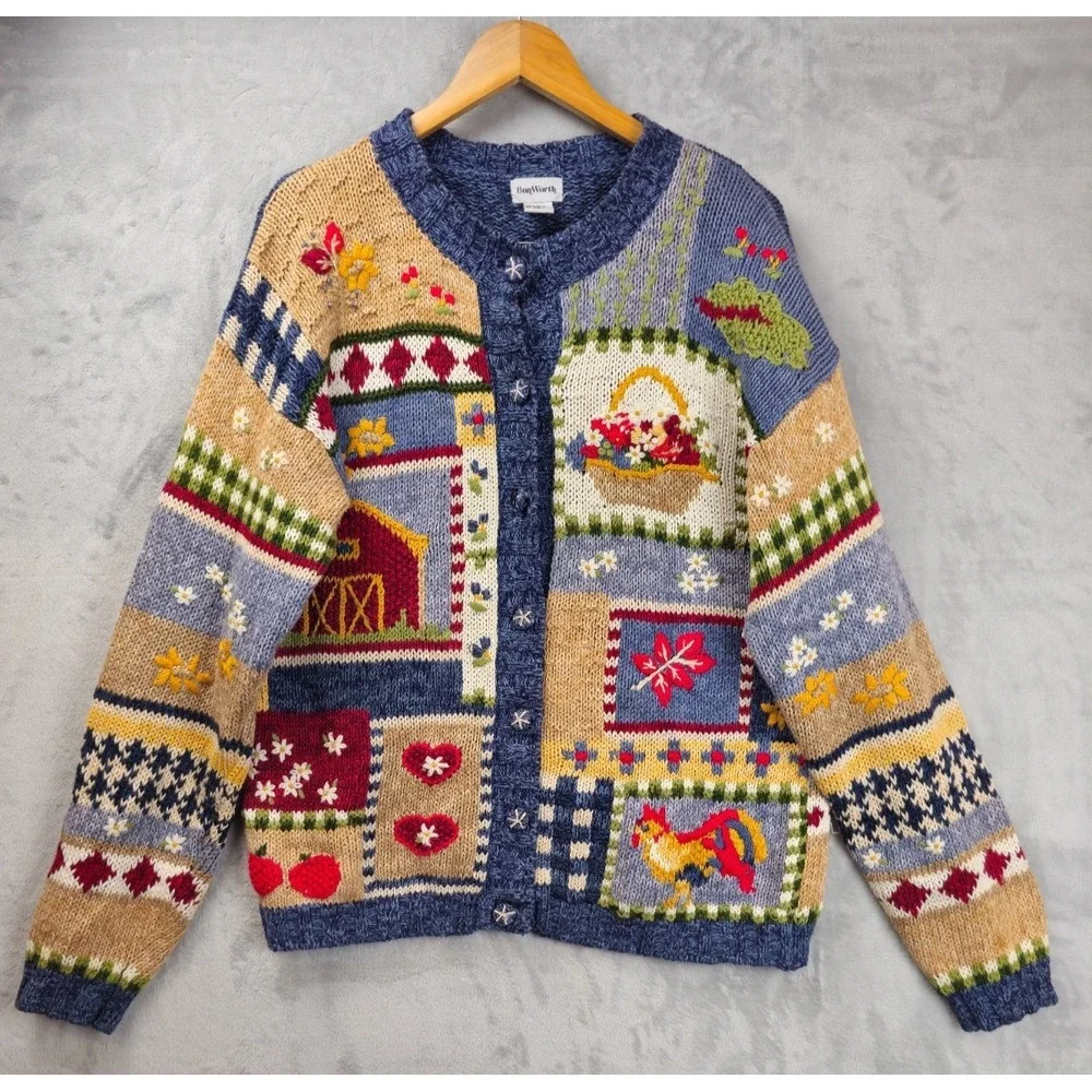 Bon Worth Chunky Sweater Large Cardigan Artsy Farm Barn Chicken Cottagecore - Picture 1 of 5